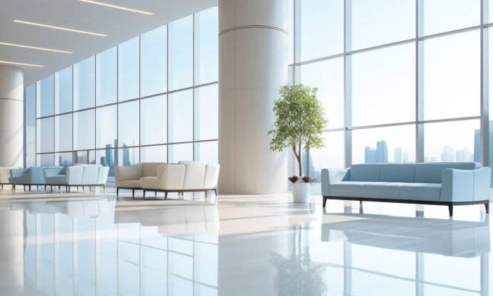 Modern lobby shines with reflective floors and minimalist furnishings.
